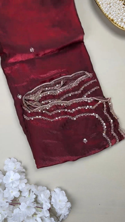 Deep Crimson Radiance Sequined Hand-Embroidered Saree Set
