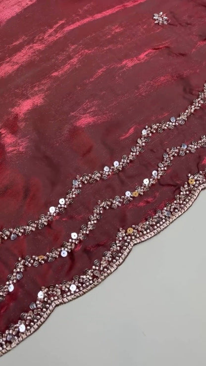 Deep Crimson Radiance Sequined Hand-Embroidered Saree Set
