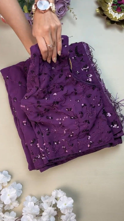 Royal Purple Sequin Embroidered Georgette Saree Ensemble with Tassel Detailing