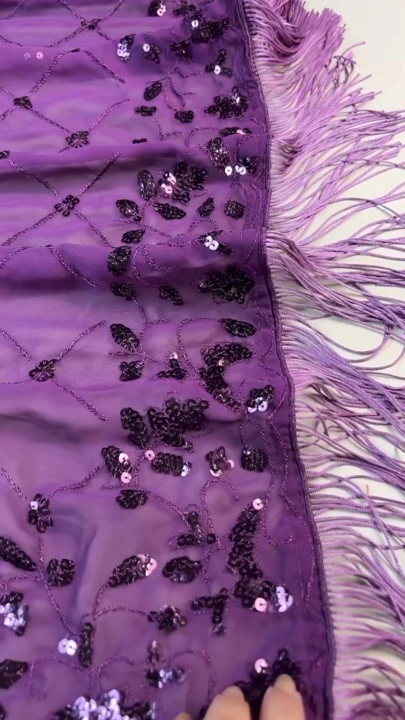 Royal Purple Sequin Embroidered Georgette Saree Ensemble with Tassel Detailing
