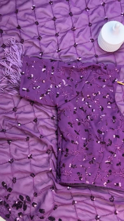 Royal Purple Sequin Embroidered Georgette Saree Ensemble with Tassel Detailing