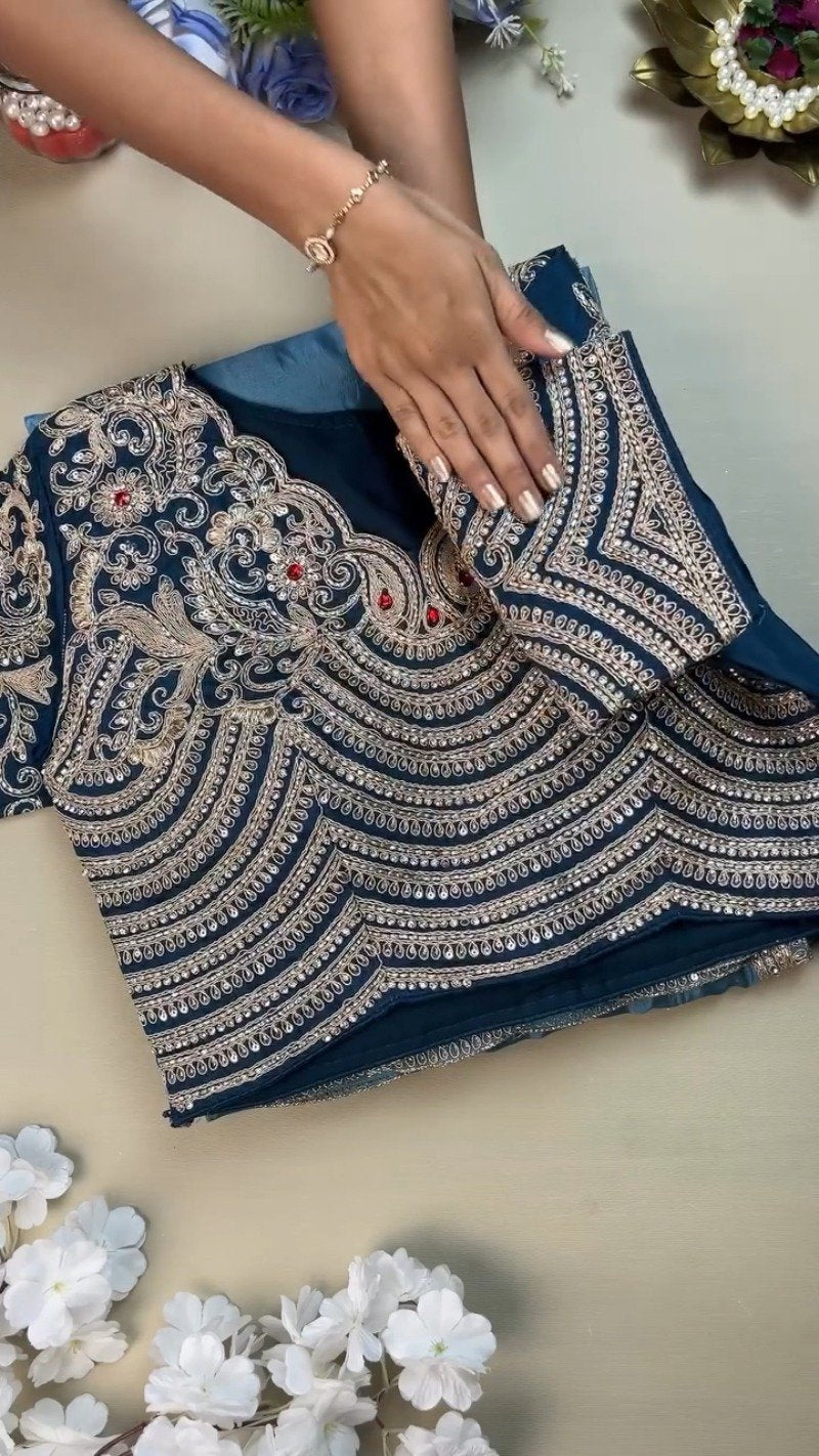 Royal Blue Hand-Embellished Silk Ensemble with Zardozi Detailing – Available in Midnight Blue & Azure Blue