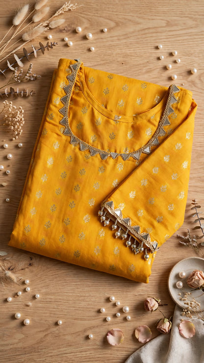 Aurelia Gold & Royal Purple Gota Patti Kurta Set – Available in Mustard Yellow & Royal Purple