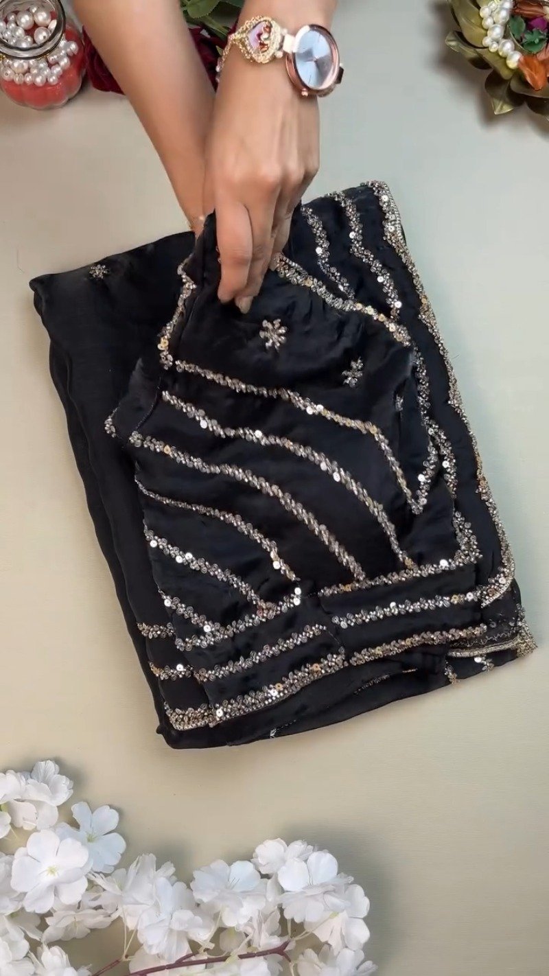 Midnight Radiance Embellished Saree and Blouse Set – Available in Black