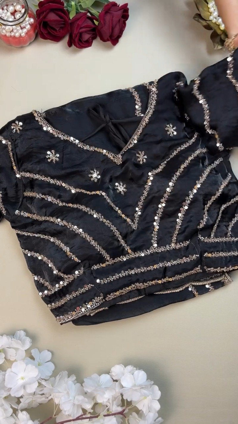 Midnight Radiance Embellished Saree and Blouse Set – Available in Black