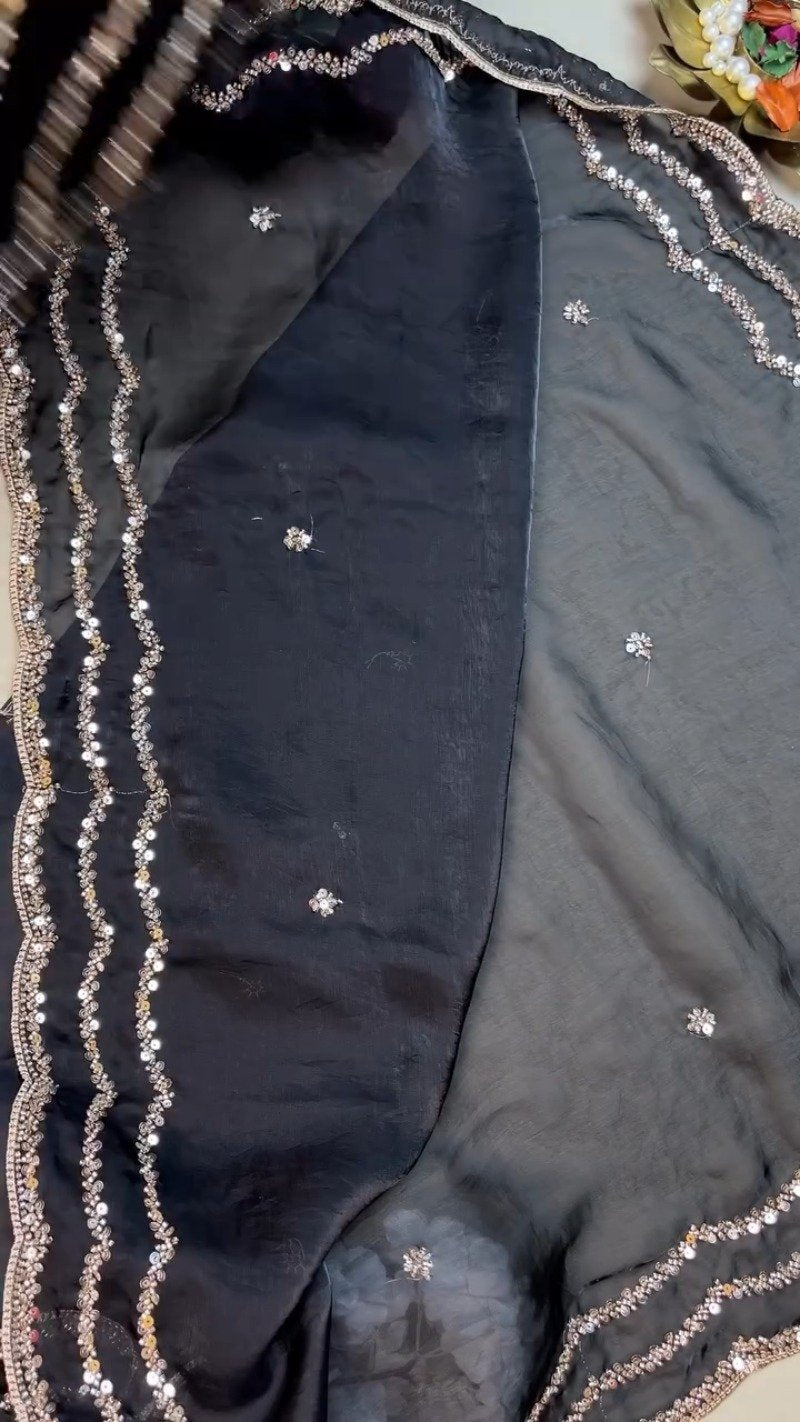Midnight Radiance Embellished Saree and Blouse Set – Available in Black