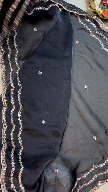 Midnight Radiance Embellished Saree and Blouse Set – Available in Black