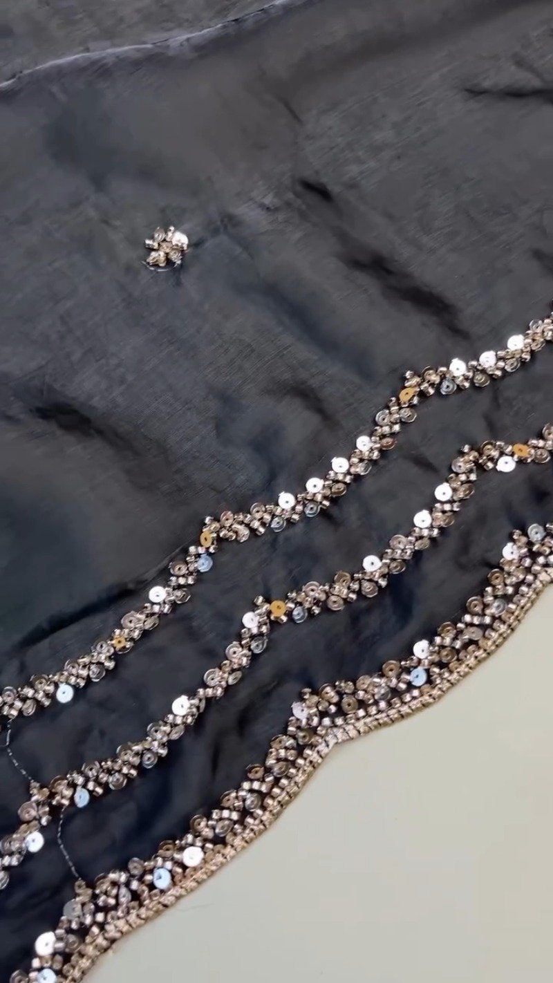 Midnight Radiance Embellished Saree and Blouse Set – Available in Black
