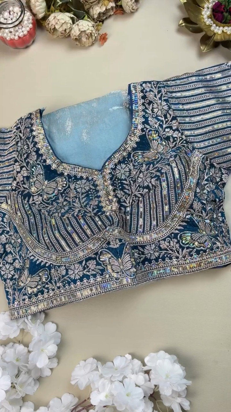 Enchanting Midnight Blue & Icy Sky Butterfly Embroidered Organza Saree Set