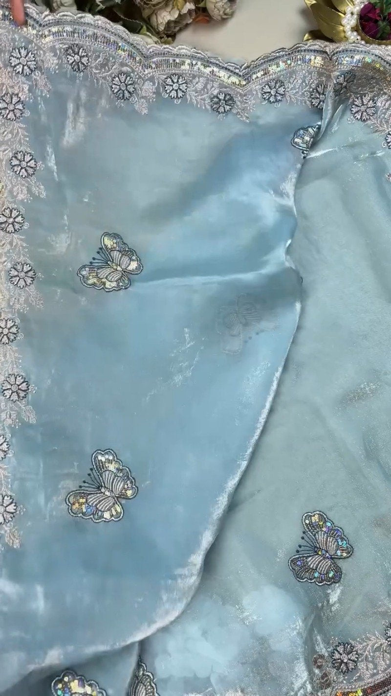 Enchanting Midnight Blue & Icy Sky Butterfly Embroidered Organza Saree Set