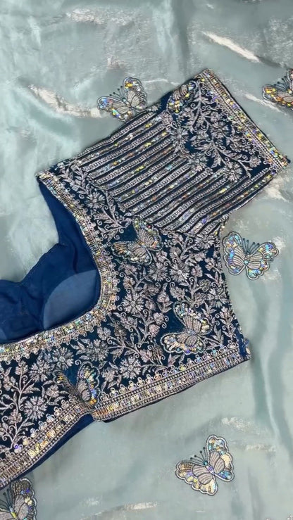 Enchanting Midnight Blue & Icy Sky Butterfly Embroidered Organza Saree Set