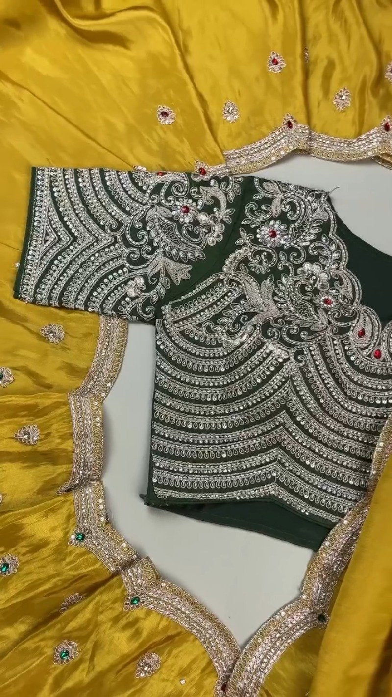Royal Midnight Green Hand-Embroidered Blouse with Mustard Silk Saree – A Masterpiece of Contrast