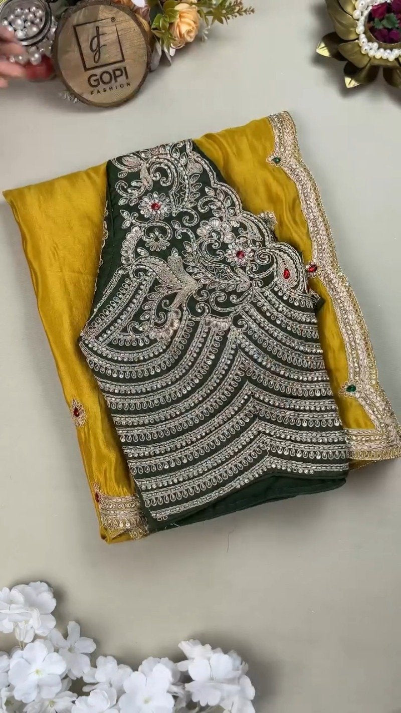 Royal Midnight Green Hand-Embroidered Blouse with Mustard Silk Saree – A Masterpiece of Contrast