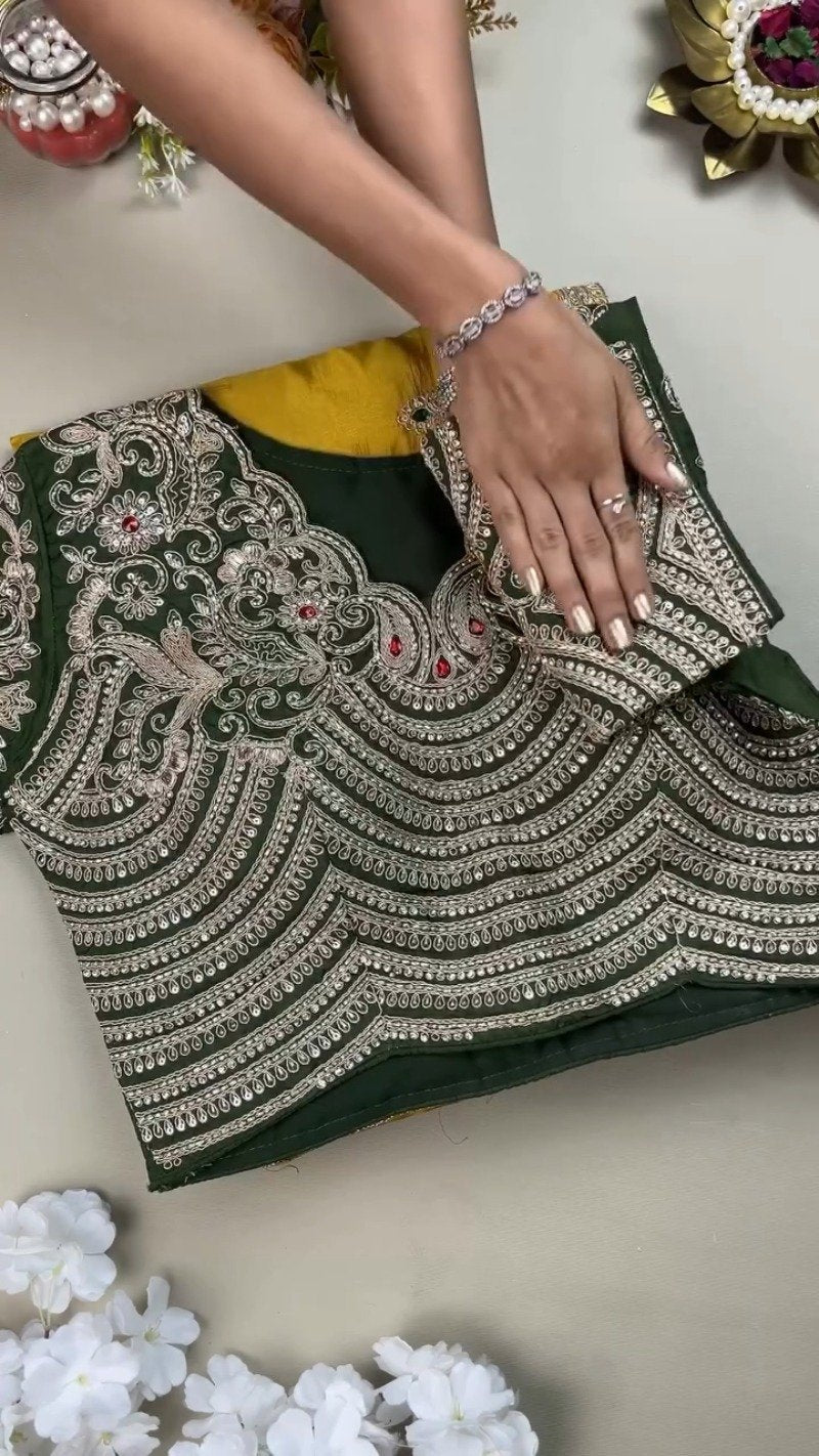 Royal Midnight Green Hand-Embroidered Blouse with Mustard Silk Saree – A Masterpiece of Contrast