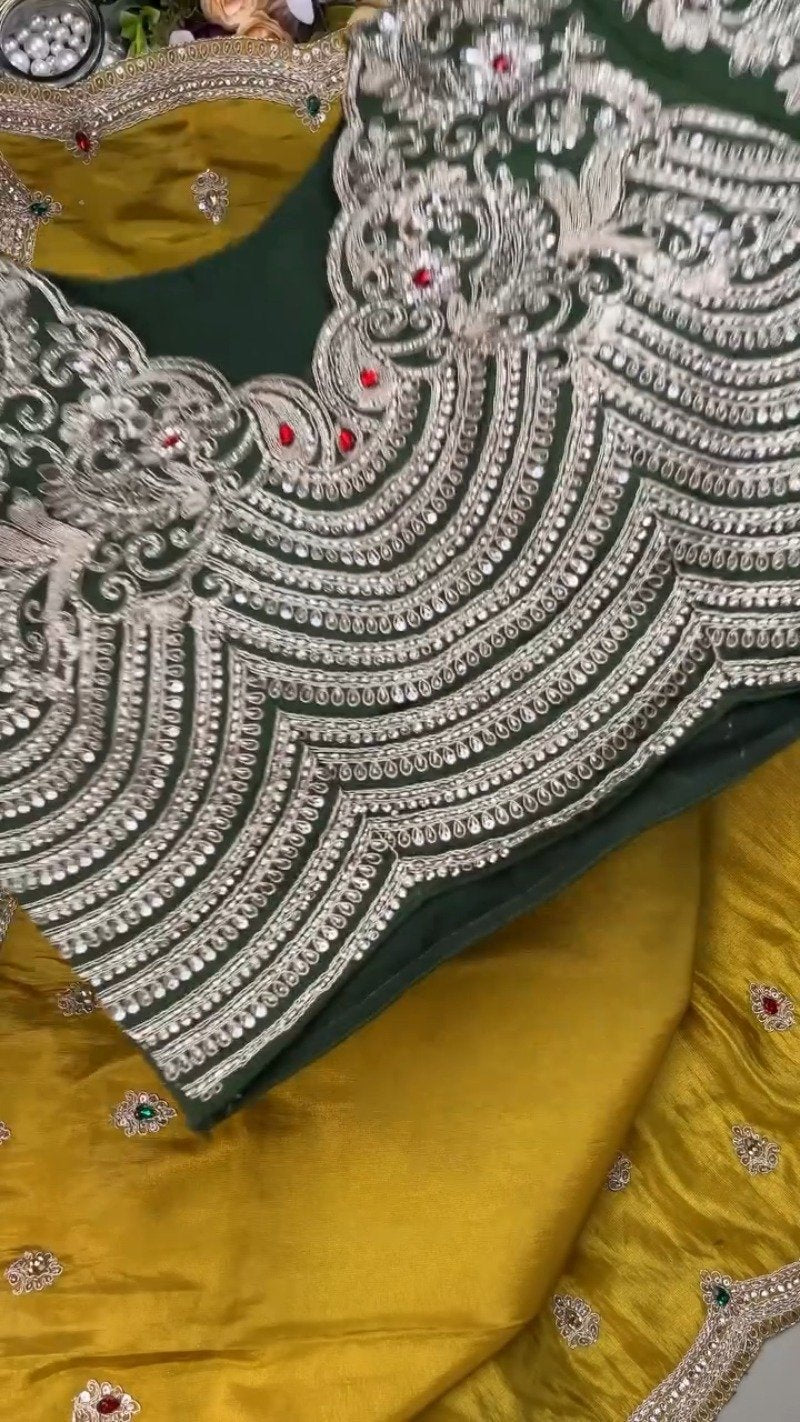 Royal Midnight Green Hand-Embroidered Blouse with Mustard Silk Saree – A Masterpiece of Contrast