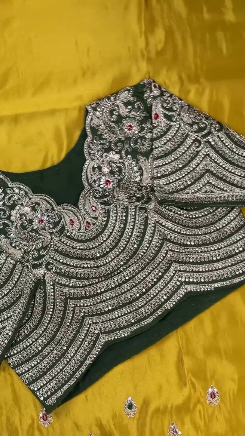 Royal Midnight Green Hand-Embroidered Blouse with Mustard Silk Saree – A Masterpiece of Contrast