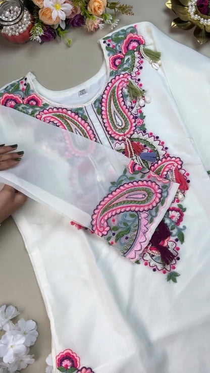 Ivory Embellished Paisley Embroidered Kurta with Tassel Accents