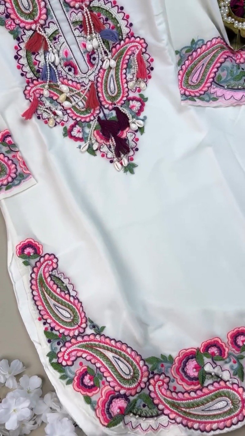 Ivory Embellished Paisley Embroidered Kurta with Tassel Accents