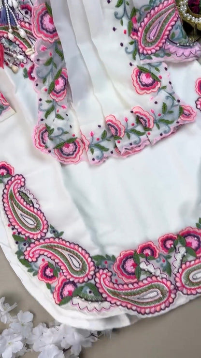 Ivory Embellished Paisley Embroidered Kurta with Tassel Accents