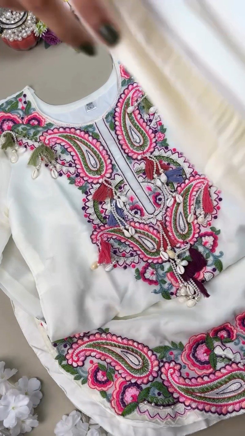 Ivory Embellished Paisley Embroidered Kurta with Tassel Accents