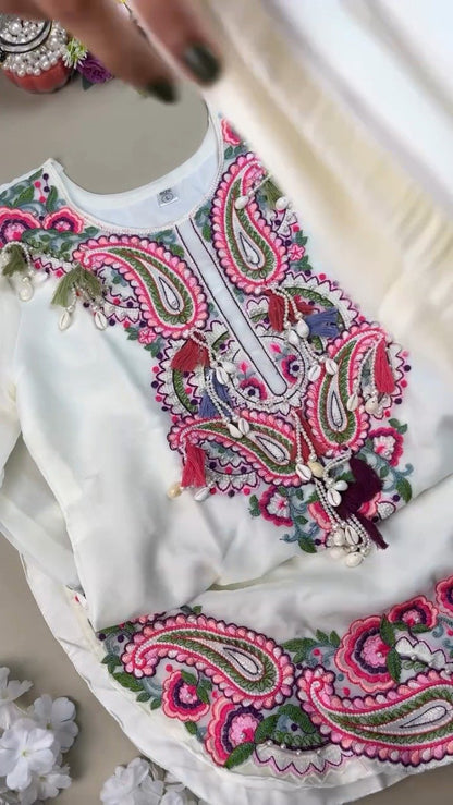 Ivory Embellished Paisley Embroidered Kurta with Tassel Accents