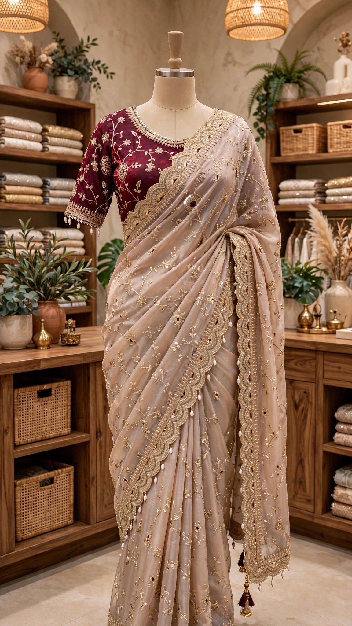 Timeless Elegance Maroon & Champagne Embroidered Saree Set – Available in Single Colourway