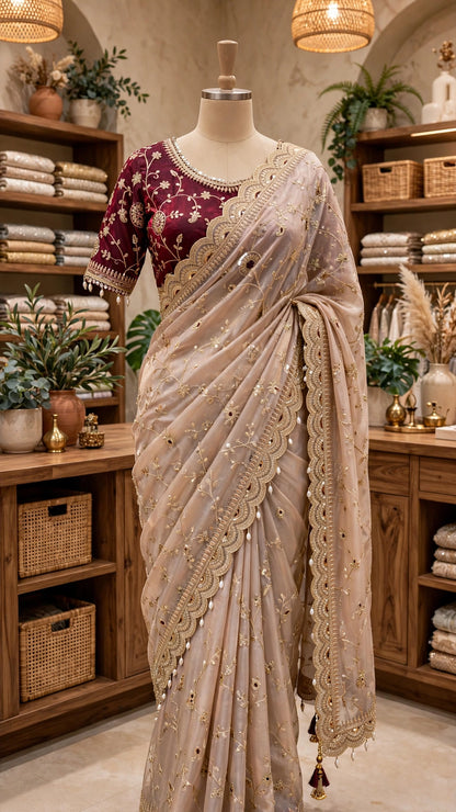 Timeless Elegance Maroon & Champagne Embroidered Saree Set – Available in Single Colourway