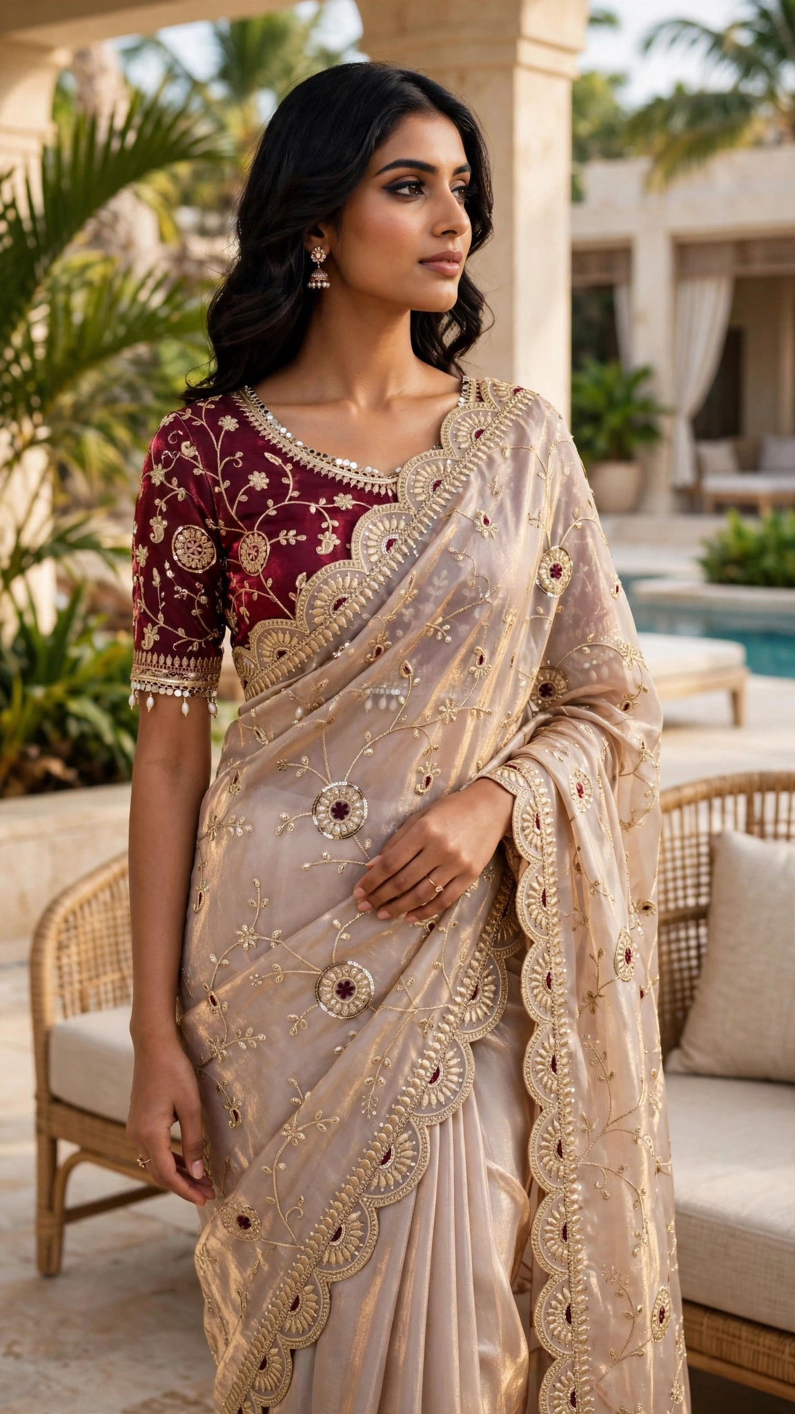 Timeless Elegance Maroon & Champagne Embroidered Saree Set – Available in Single Colourway