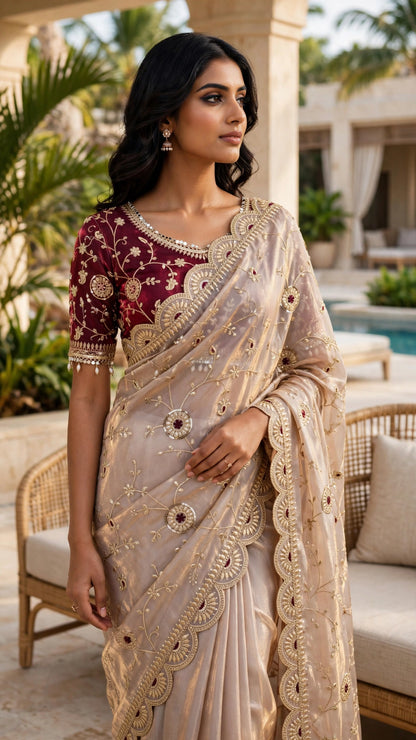 Timeless Elegance Maroon & Champagne Embroidered Saree Set – Available in Single Colourway