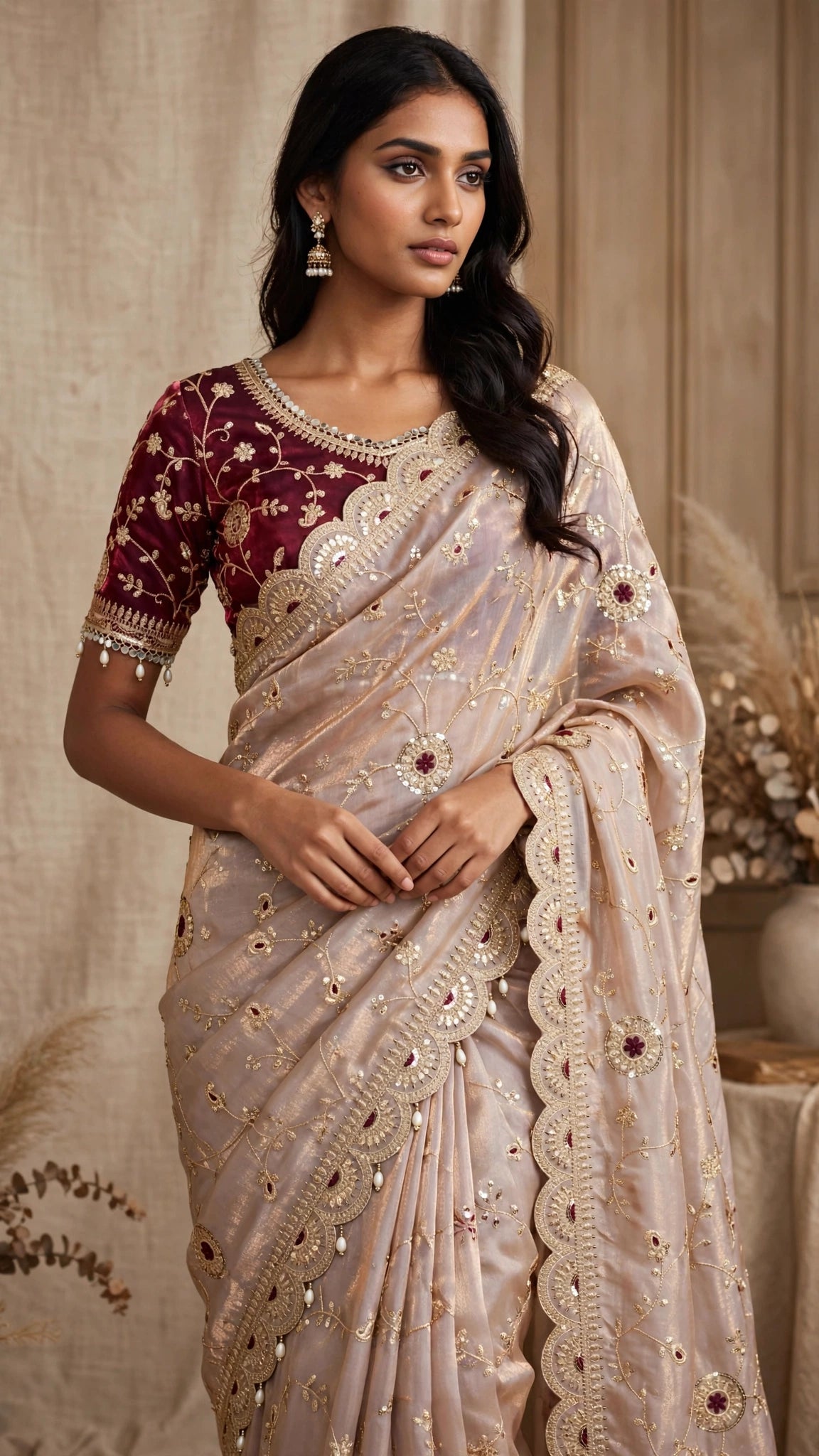 Timeless Elegance Maroon & Champagne Embroidered Saree Set – Available in Single Colourway