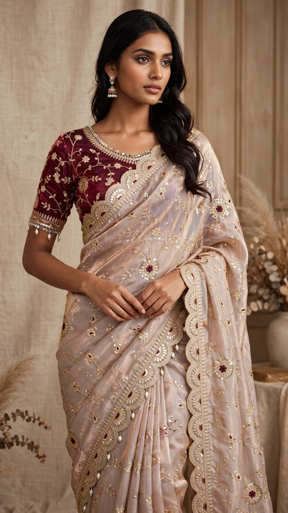 Timeless Elegance Maroon & Champagne Embroidered Saree Set – Available in Single Colourway