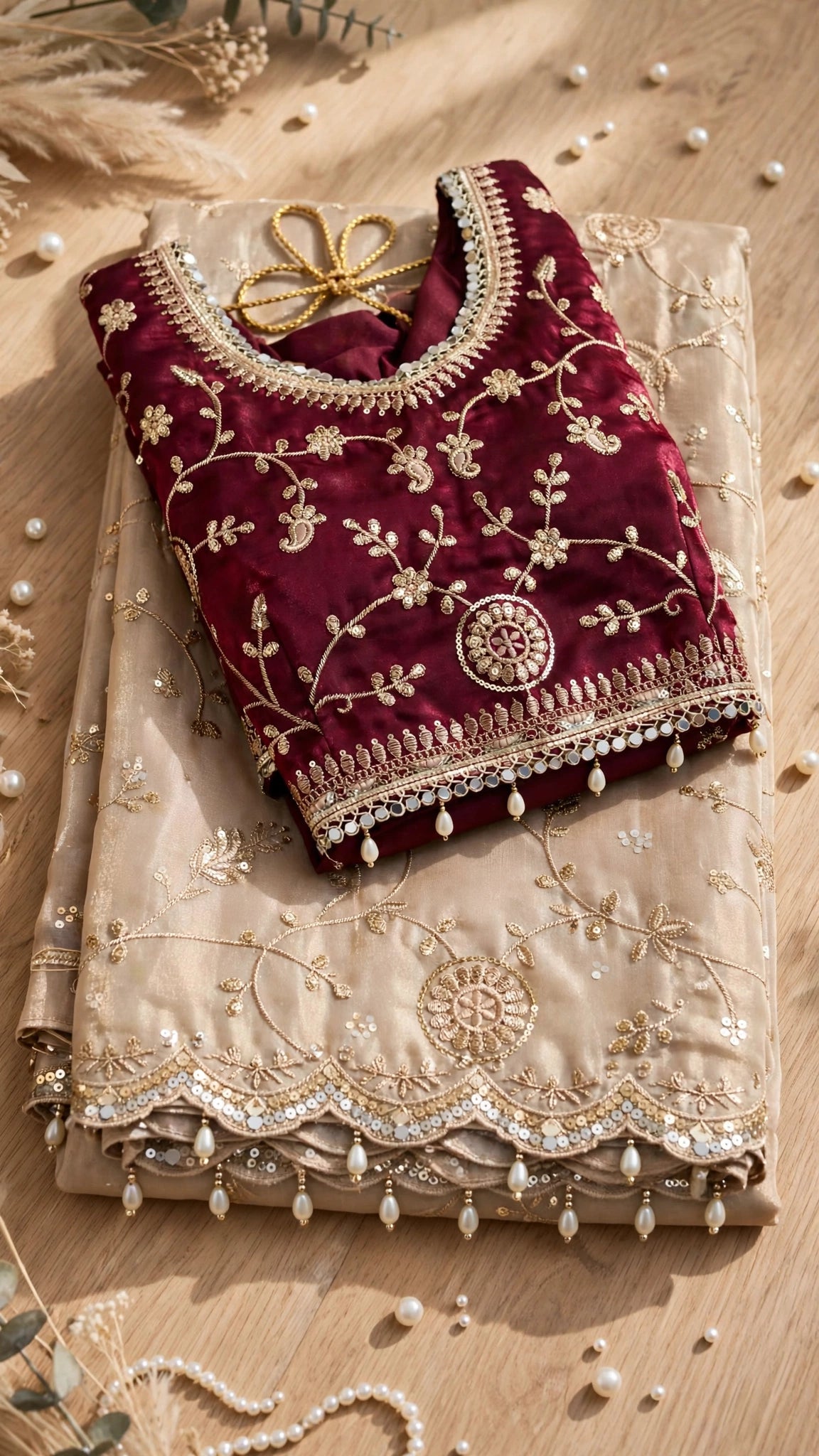 Timeless Elegance Maroon & Champagne Embroidered Saree Set – Available in Single Colourway