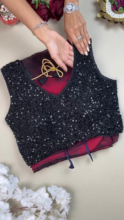 Midnight Radiance Sequin Embellished Saree with Rose-Print Organza – Ruby Red