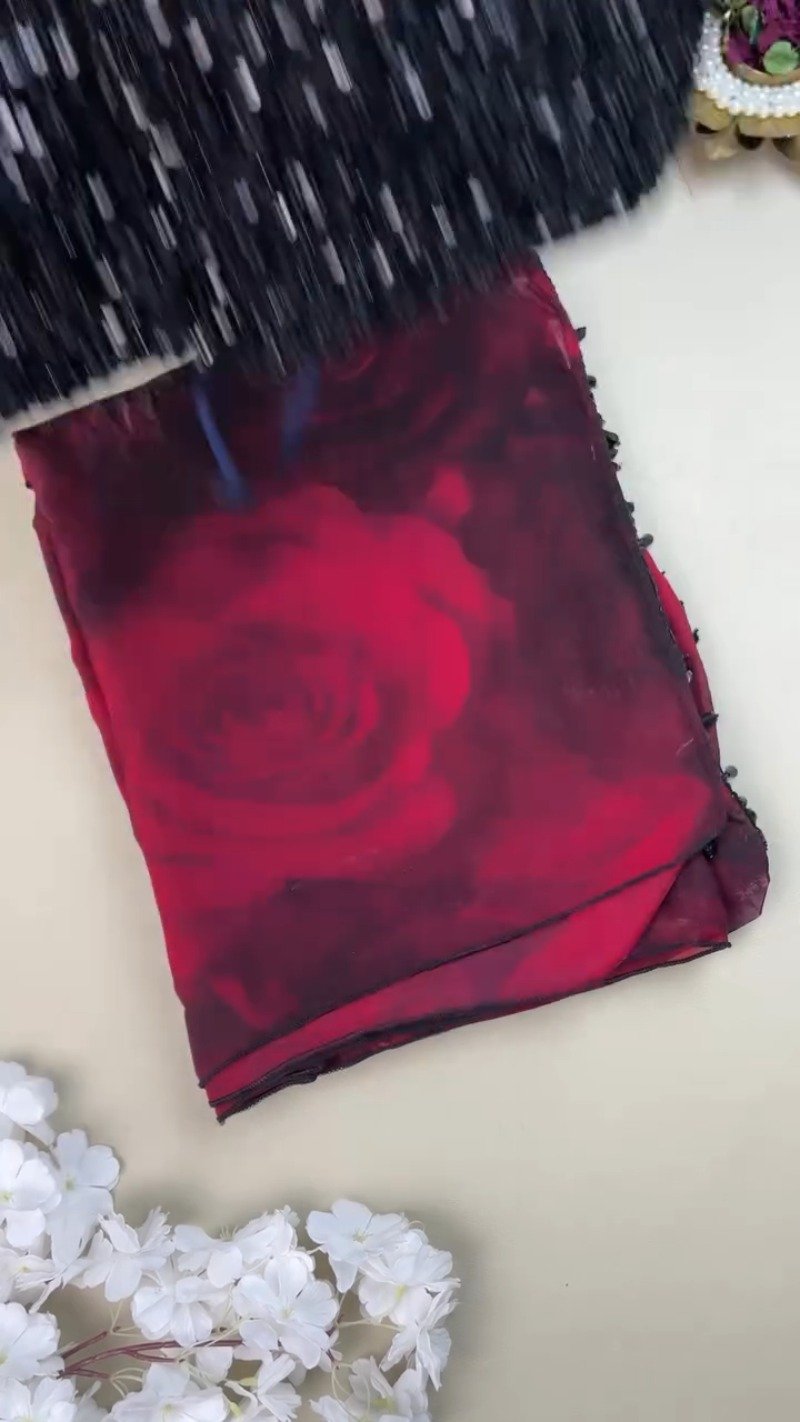 Midnight Radiance Sequin Embellished Saree with Rose-Print Organza – Ruby Red