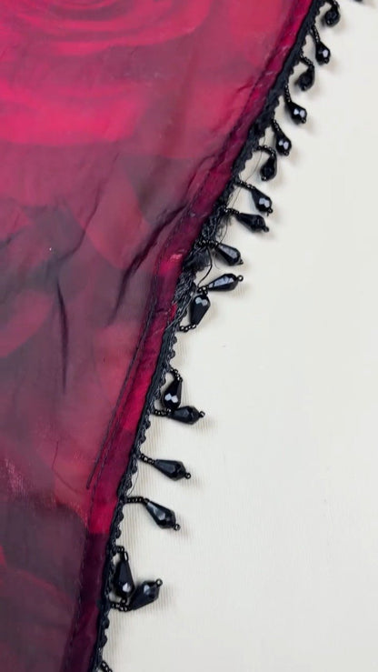 Midnight Radiance Sequin Embellished Saree with Rose-Print Organza – Ruby Red