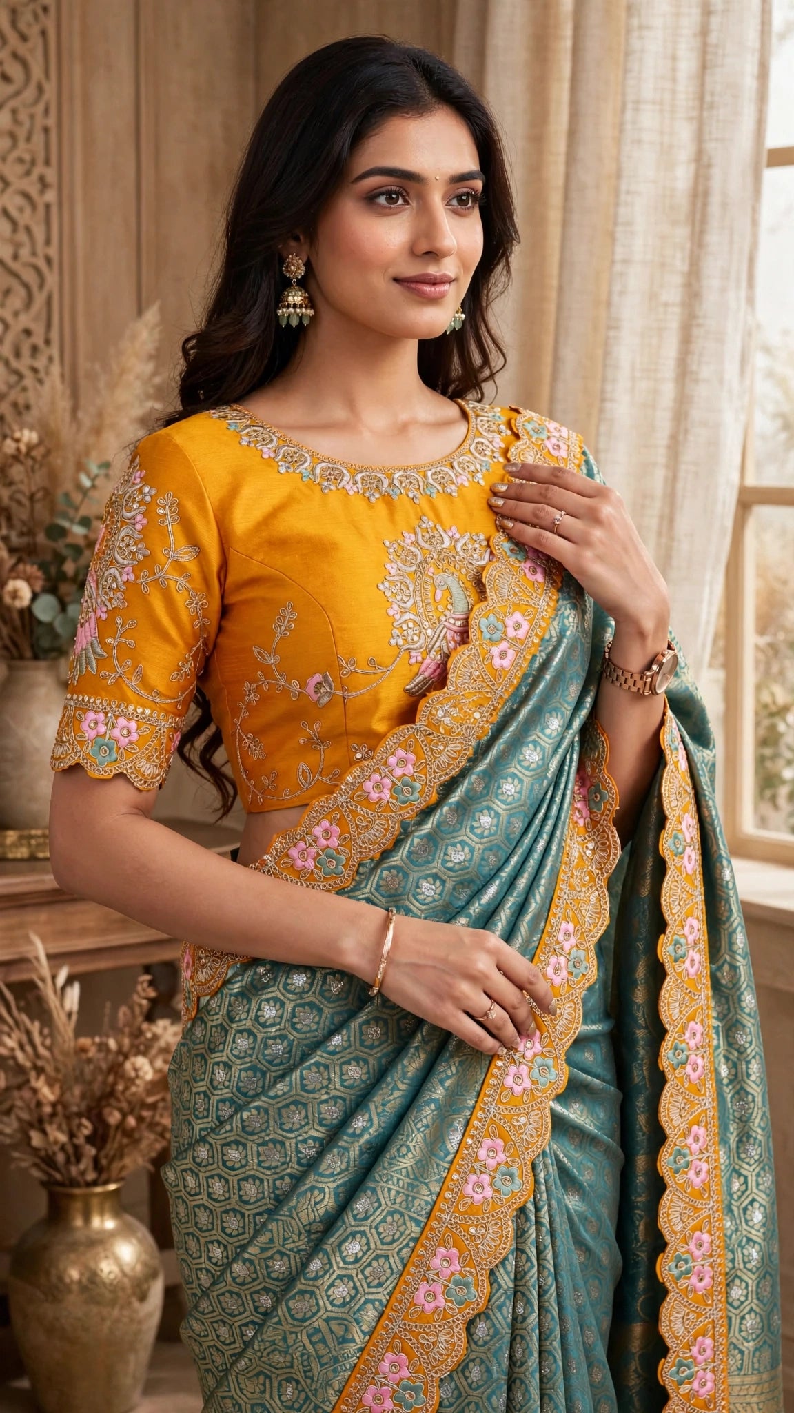 Peacock Motif Embroidered Mustard & Teal Silk Saree Set