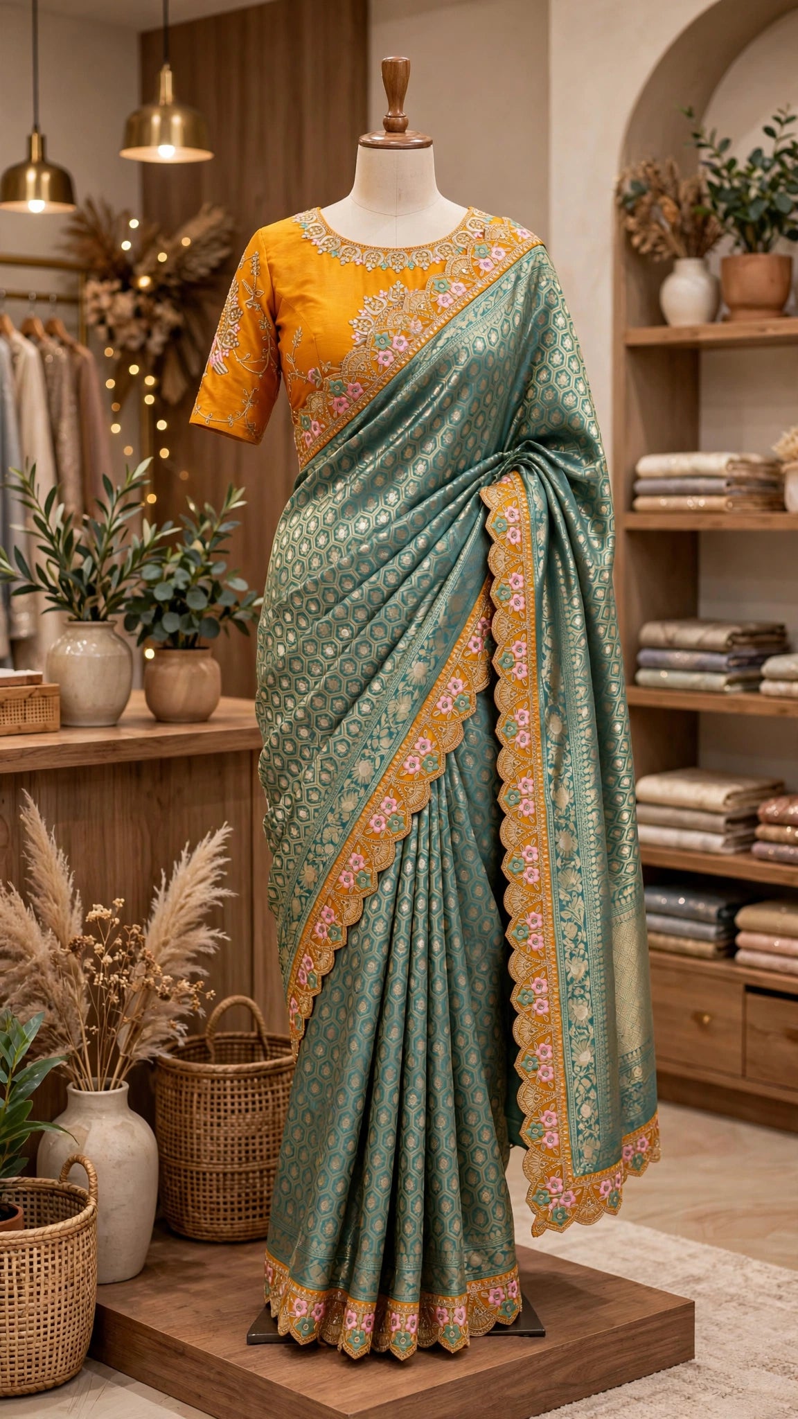 Peacock Motif Embroidered Mustard & Teal Silk Saree Set