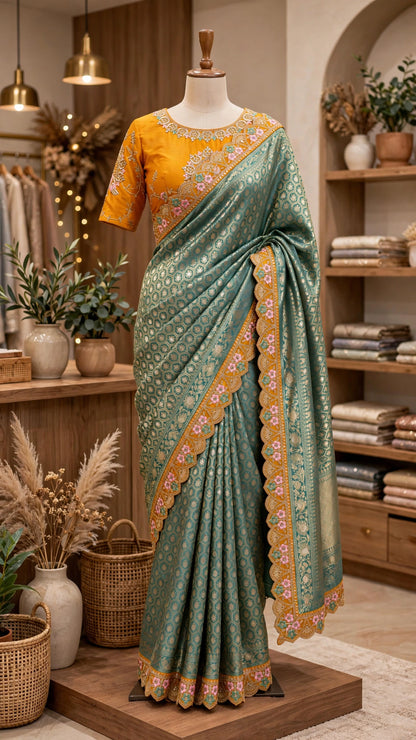 Peacock Motif Embroidered Mustard & Teal Silk Saree Set