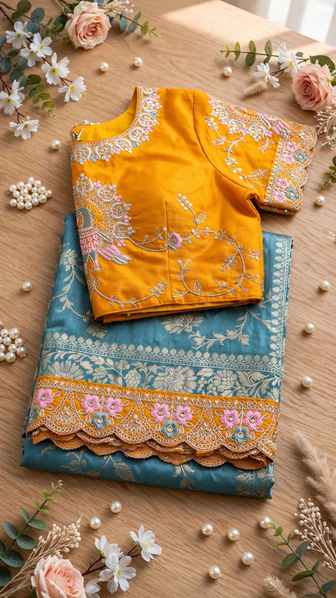 Peacock Motif Embroidered Mustard & Teal Silk Saree Set