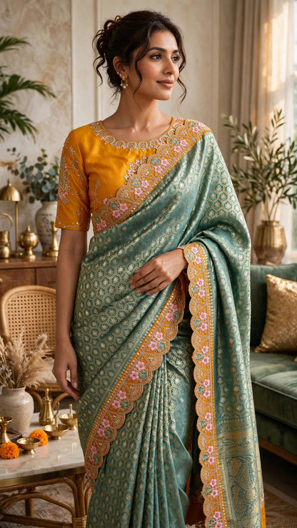 Peacock Motif Embroidered Mustard & Teal Silk Saree Set