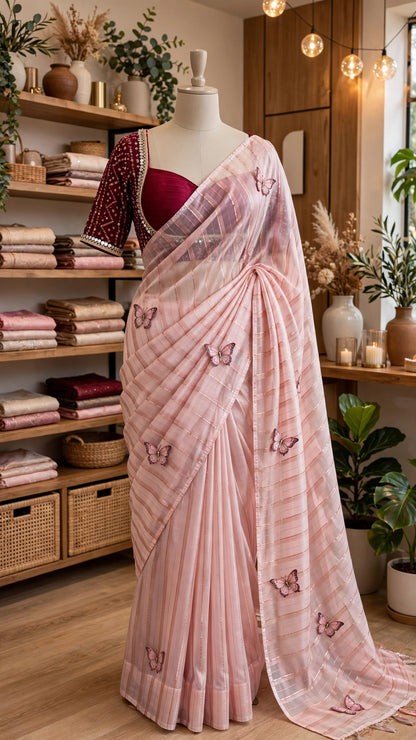 Blush Pink Butterfly Motif Organza Saree with Embroidered Velvet Blouse – A Fusion of Whimsy and Elegance