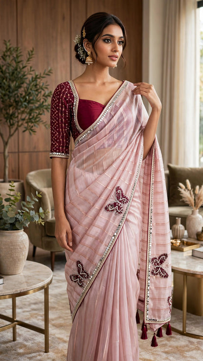 Blush Pink Butterfly Motif Organza Saree with Embroidered Velvet Blouse – A Fusion of Whimsy and Elegance