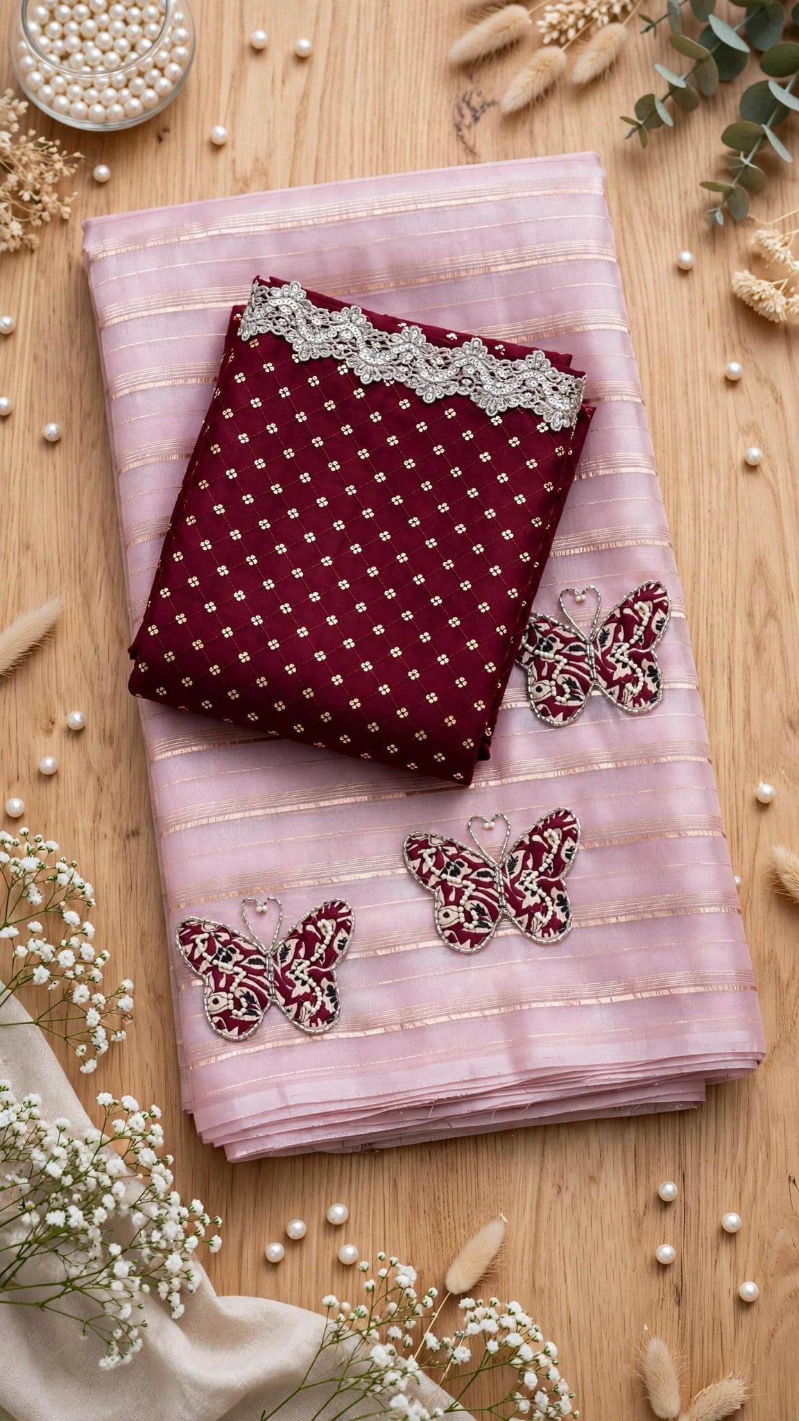 Blush Pink Butterfly Motif Organza Saree with Embroidered Velvet Blouse – A Fusion of Whimsy and Elegance