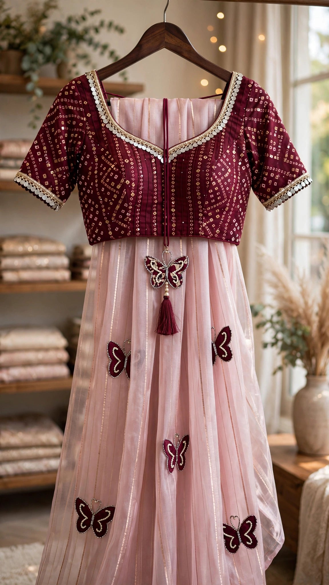 Blush Pink Butterfly Motif Organza Saree with Embroidered Velvet Blouse – A Fusion of Whimsy and Elegance