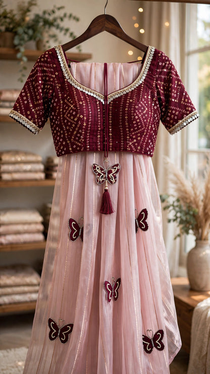 Blush Pink Butterfly Motif Organza Saree with Embroidered Velvet Blouse – A Fusion of Whimsy and Elegance