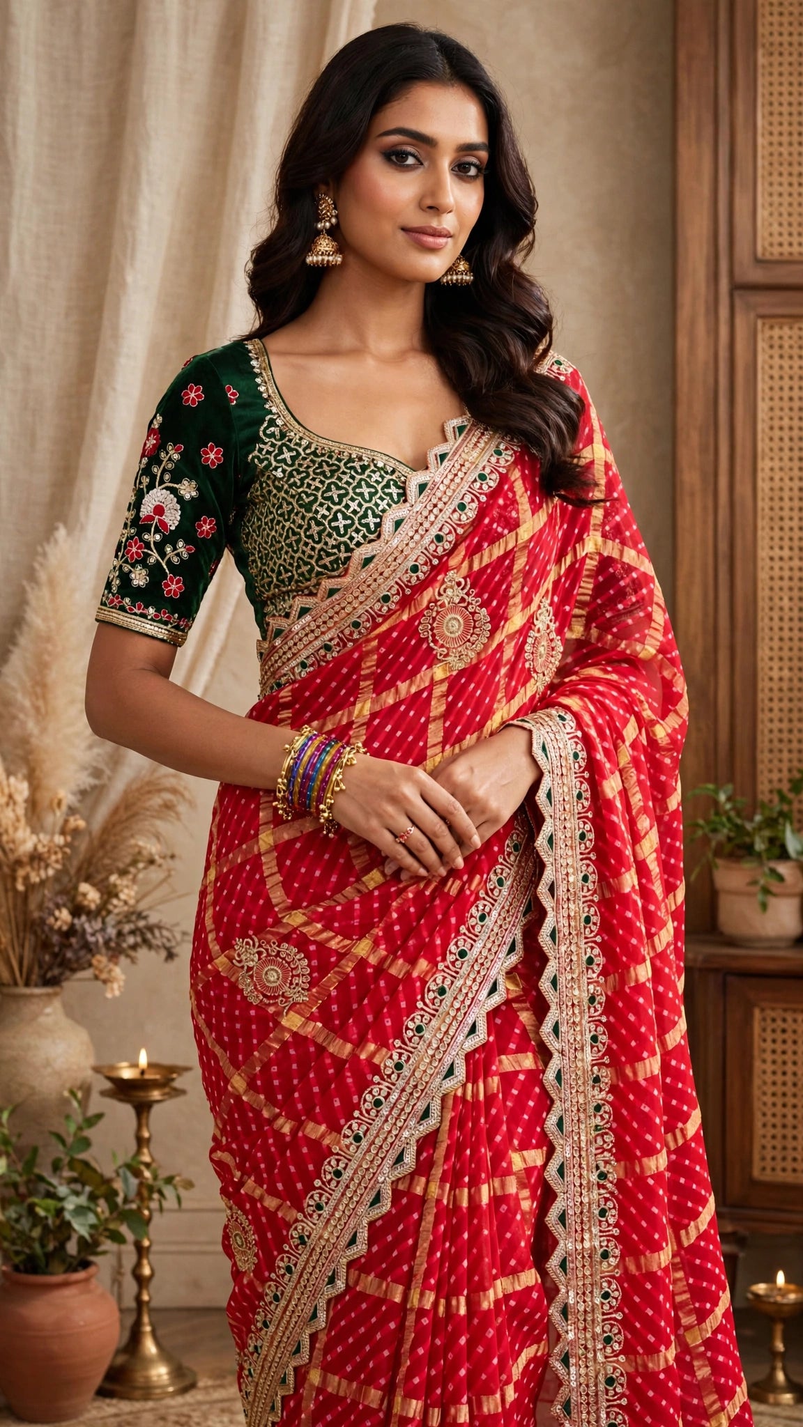 Regal Emerald & Vermilion Bandhani Silk Saree – Available in Classic Red & Festive Deep Green