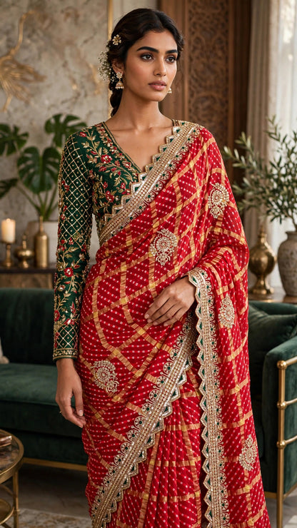 Regal Emerald & Vermilion Bandhani Silk Saree – Available in Classic Red & Festive Deep Green