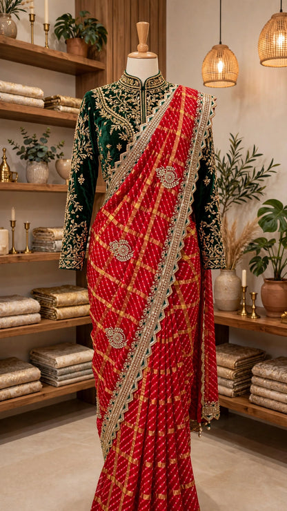 Regal Emerald & Vermilion Bandhani Silk Saree – Available in Classic Red & Festive Deep Green