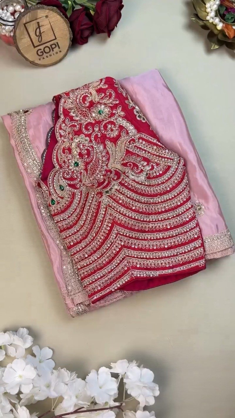 Royal Ruby and Pastel Pink Hand-Embroidered Saree Ensemble – Available in Deep Crimson & Blush Rose