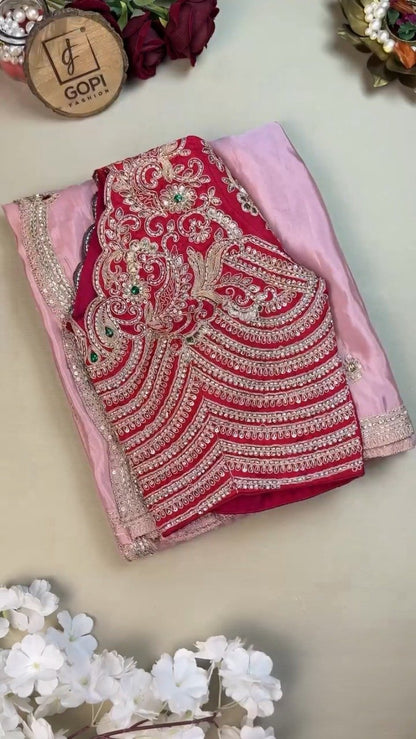 Royal Ruby and Pastel Pink Hand-Embroidered Saree Ensemble – Available in Deep Crimson & Blush Rose